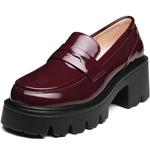 Burgundy Platform Penny Loafers for Women - Comfortable Chunky Heel Patent Leather Classic Casual Shoes for Dressy and Office Wear