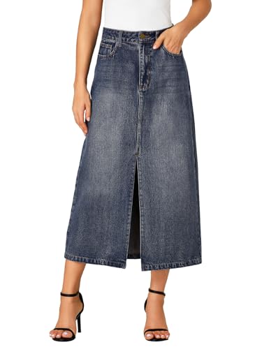 Rooscier Women's High Waisted Jean Skirt Casual Split Denim Midi Skirt with Pockets