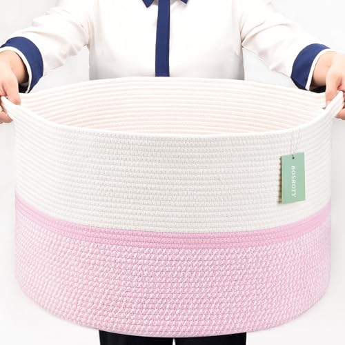 Image of Cotton Rope Basket for Girls Kids, 87L Laundry Hamper, White & Pink