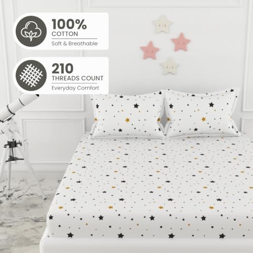 Image of LORETO - A QUALITY LINEN BRAND 210 TC 100% Pure Cotton King Size Fitted Bedsheet with 2 Pillow Covers for 78 x 72 Inch Mattress, All-Around Elastic, 8 Inch Deep Pocket, Black & Gold Stars