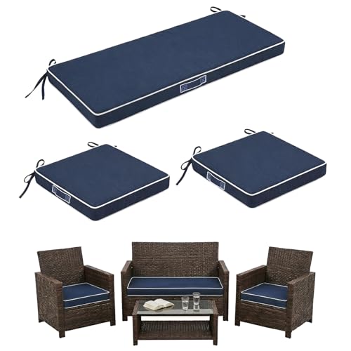 3 Pack Foam Wicker Patio Furniture Cushions Replacement Cushions Fit Outdoor 4 Pieces Rattan Chair Sofa Set Waterproof Outside Loveseat Pads 36x18x2 + 18x18x2 Square Navy Blue + White Piping