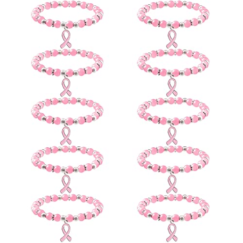 Taiyin Breast Cancer Awareness Beaded Multi Colored Bracelet Adjustable Breast Cancer Gifts for Women Pink Ribbon Bracelets (12 Pcs)