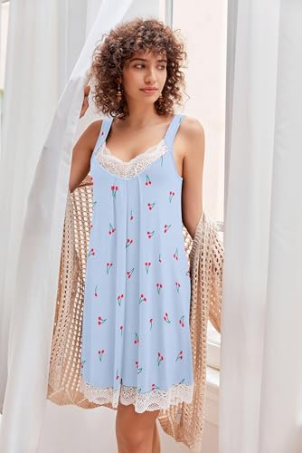 Ekouaer Damen Nachthemd Ärmellos Chemise Nachtwäsche Sexy Lose Full Slips Spitze Negligee V-Ausschnitt Nachtwäsche Soft Jersey Dessous Blau Kirsche M 4