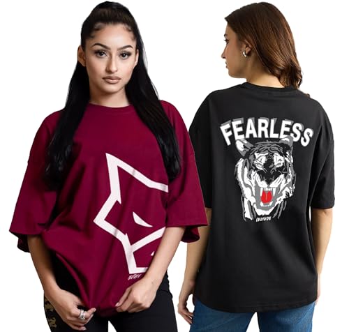Image of LEOTUDE Cottonblend Oversized Half Sleeve Colorful Printed Combo T-Shirts for Women (Pack of 2)