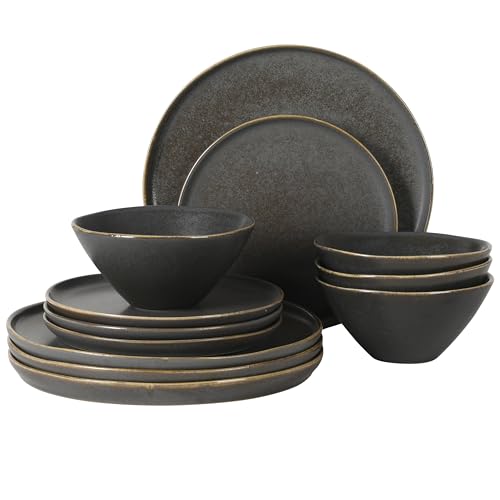 Image of Gibson Elite Coastal Forest Plates and Bowls Sets, 12-Piece Stoneware Dinnerware Sets, Triple Reactive Glaze Dish Set - Black