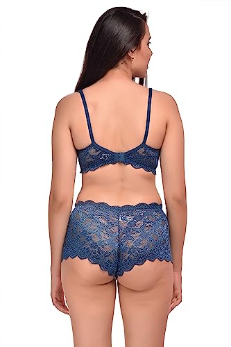 Image of SGC Sweden Lace Stretchable Bra Panty Set for Women | Non-Padded | Non-Wired | Seamed | Floral Print Full Coverage | Lingerie Set for Women & Girls (Set of 1) (38, Blue), Hipster