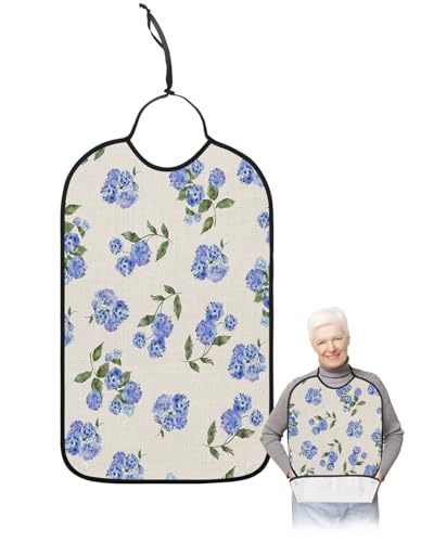 LEOKOTI Blue Spring Floral Adult Bibs for Eating, Waterproof Bibs with Food Catcher & Snap Closure, Pastoral Summer Botanical Flowers Rustic Washable Clothing Protectors Adult Bibs for Elderly
