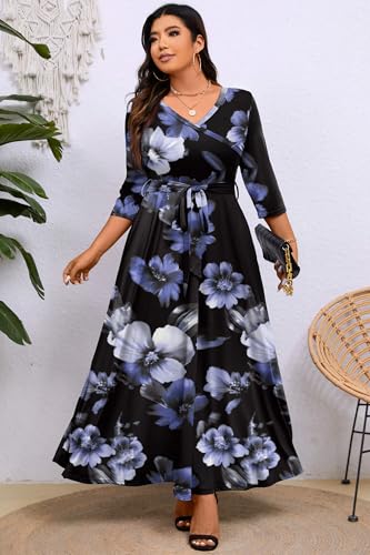 Image of Runwind Plus Size Dress for Women - 3 /4 Sleeve V Neck Maxi Dresses for Women (XL-6XL)