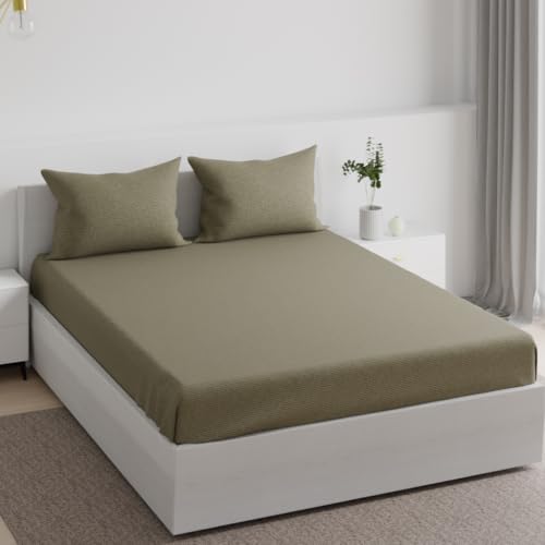 Image of Wakefit 100% Cotton 160 TC Fitted Bedsheet with 2 Pillow Covers | Sage Queen, 78 inch x 60 inch, Sage | 1.98m x 1.52m