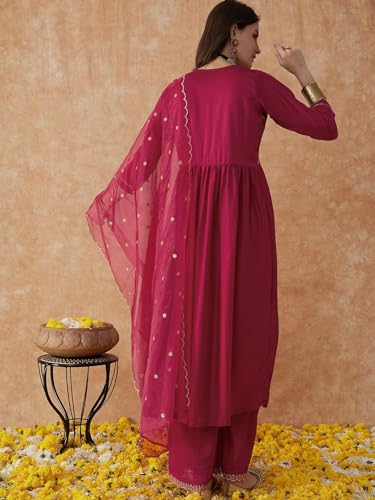 Image of SheWill Women's Vichitra Zari Sequence Embroidery Alia Cut Kurta with Palazzo Dupatta Set