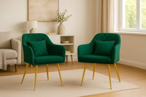Image of Velvet Chair with Floral Pillow for Home | Modern Accent Armchair in Soft Velvet Fabric with Golden Legs | Set of 2 Premium Accent Chair for Living Room Bedroom (Barfi Green)