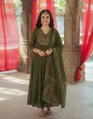 Image of GoSriKi Rust Anarkali Kurta Set for Women with Dupatta | Cotton Kurti Set for Woman | Embroidered Anarkali Suit for Women Kurti Pant Set with Dupatta | Suit Set for Women Latest