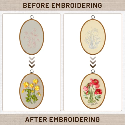 Image of XM-GENYUE 2 Sets Starter Embroidery Kit for Beginners Adults, Hand 3D Ribbons Embroidery Kit for Beginners Flowers Includes Bamboo Hoop, Cloth