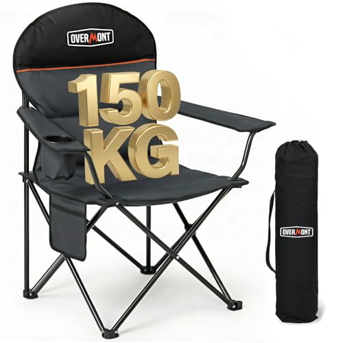 OVERMONT Silla de Camping Plegable Respaldo Alto – Silla XXL Plegable hasta 150 kg – Silla de jardín portátil con portavasos – para Senderismo, Picnic y Pesca al Aire Libre