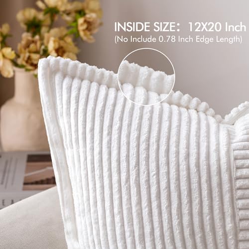 Image of MIULEE Decorative Lumbar Throw Pillow Covers for Couch Bed Livingroom 12x20 Inch Set of 2 White Boho Accent Throw Pllows Broadside Striped Patchwork Soft Corduroy Pillowcases