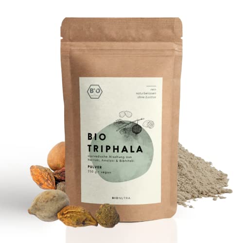 BIONUTRA® Triphala bio | 250 g | en poudre | Agriculture biologique | Végan | Rasayana | Poudre de Bibhitaki, Haritaki & Amalaki | Emballage opaque et refermable Cover