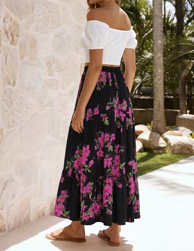 Image of ZESICA Women's 2026 Summer Bohemian Floral Printed Elastic Waist A Line Maxi Skirt with Pockets