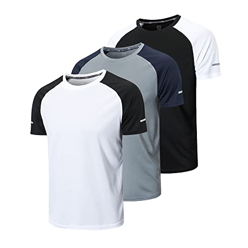 frueo 3 Pack T-Shirt Homme Tee Shirt Sport Manche Courte Séchage Rapide Respirant Baselayer Haut Running Fitness Gym(20086) Black Gray White-XL