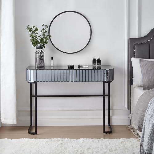 Image of Modern Vanity Table, 39 inch Mirrored Makeup Vanity Table with Stainless Steel Base, Mirrored Console Dressing Table with 2 Drawers, Versatile Desk for Bedroom and Office (Gray /109)