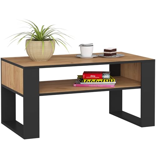 AKORD Table de Salon avec Une étagère DOMI | L92xH45xP53 cm | Table Basse Design Moderne | Tables Basses de Salon | Tableau Meuble de Rangement | Chêne...