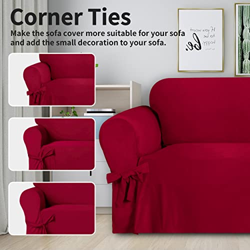 Image of Easy-Going Velvet Couch Covers for 3 Cushion Couch Sofa, Luxury Velvet Sofa Cover with Ties, One Piece Sofa Slipcover for Living Room (Red, Sofa)