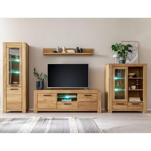 Lomadox Wohnwand Wohnmöbel Set Eiche teilmassiv geölt 4-teilig, 1 Vitrine, 1 Wandboard, 1 Lowboard, 1 Highboard, inkl. LED-Beleuchtung | Echtholz/Massivholz/Furnier