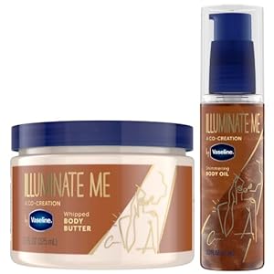 Vaseline Illuminate Me Body Butter & Body Oil – Shimmering Body Bronzer, Hydrating Whipped Organic Shea Butter with 24-Hour Moisture for Melanin-Rich Skin, Radiant Body Glow Oil (2 Piece Set)