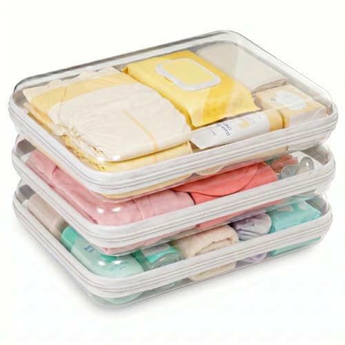 3 Pack Large Clear Hard Shell Zipper Case Diaper Bag Organizer Pouches Water-Resistant Travel Toiletry Bags for Baby Essentials Toys Cables Crafts Makeup White