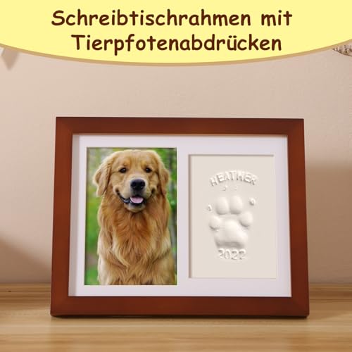 PewinGo Gedenkrahmen Hund und Katze, Pfotenabdruck Set Hund Katze Fotorahmen mit Ton Impressum Kit und Foto-Display für 6 x 4“ Foto, Perfekte Andenken Geschenk für Tierbesitzer