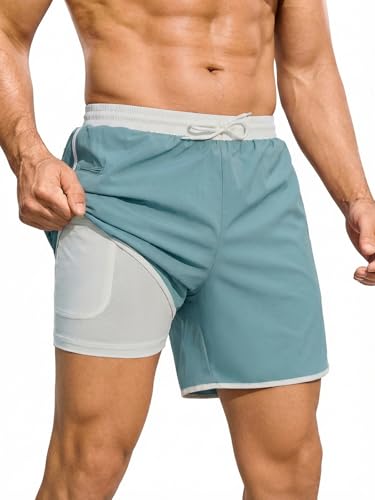 INCERUN 5inch Mens Swimming Trunks with Compression Liner 2-in-1 Swim Trunks Stretch Quick Dry Swim Shorts Zipper Pockets Light Blue XX-Large