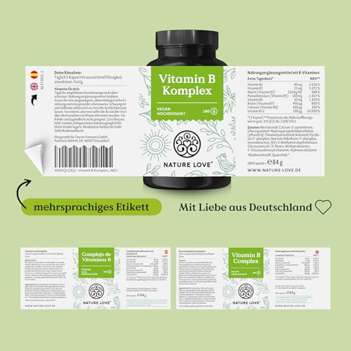 NATURE LOVE® Vitamin B Komplex – Hochdosiert: Mit 500 µg Vitamin B12 – 180 Kapseln (6 Monate) – alle 8 B-Vitamine (B1, B2, B3, B5, B6, B7, B9, B12) – vegan, laborgeprüft und in Deutschland produziert