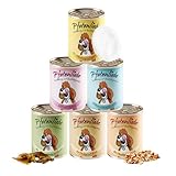 Pfotenliebe Bio-Hundefutter, Schnupperpaket für Hunde, 6 Verschiedene Sorten Nassfutter in ausgezeichneter Bio-Qualität, 2 Snacks inklusive, eine Probe Flockdenmischung, 1 Dosendeckel (6x400g)