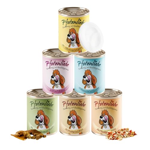 Pfotenliebe Bio-Hundefutter, Schnupperpaket für Hunde, 6 Verschiedene Sorten Nassfutter in ausgezeichneter Bio-Qualität, 2 Snacks inklusive, eine Probe Flockdenmischung, 1 Dosendeckel (6x400g)