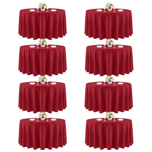 CKIKU 120 Inch Red Round Tablecloth for 48"-96" Table, 8 Pack