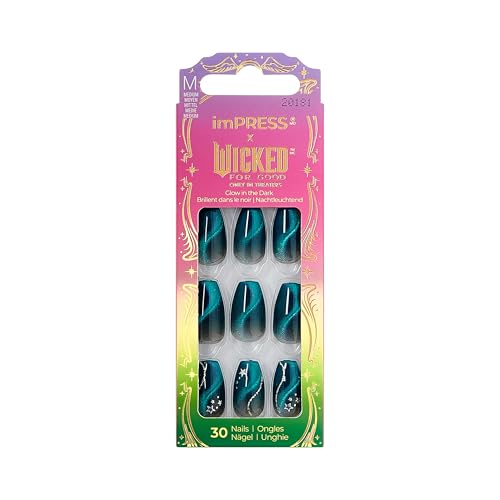 Impress X WICKED: FOR GOOD Press On Nails Unleash Your Magic Green Medium Coffin New Improved Adhesive Up To 10 Day Hold Includes 30 Fake Nails 1 Prep Pad 1 Manicure Stick 1 Mini File