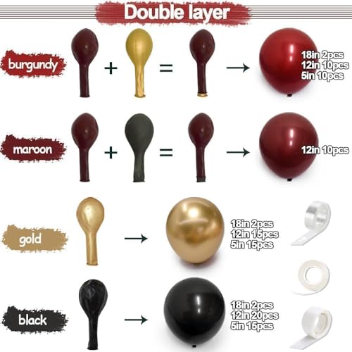 Burgundy Black Gold Balloon Garland Double Stuffed Dark Red Gold Maroon Black Balloon Arch Kit for Birthday Graduation Anniversary Prom Party Decoration by LUXURparty - Image 3