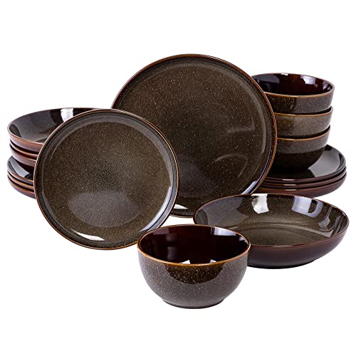 Image of Gibson Elite Edwina 16-Piece Double Bowl Dinnerware Set, Service for 4 - Dark Green Stoneware Plates and Bowls