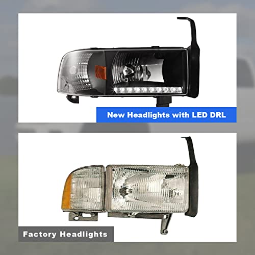 Roxx Headlights Assembly For 1994-2001 Dodge Ram 1500 2500 3500, 1995-2002 Dodge Ram 4000, Headlights W/Led Drl, Amber Reflector, High Low Beam, Driver & Passenger Side (With Led Drl) #TOP5