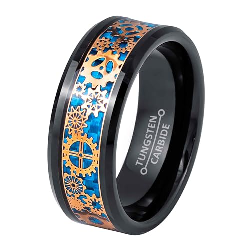 Black IP 8mm Beveled Edge Rose Gold Steampunk Gear Over Blue Carbon Fiber Inlay Wedding Band Comfort Fit - Mens Tungsten Carbide Ring