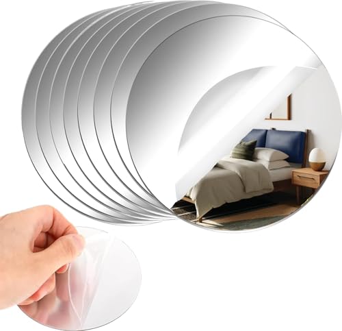CEUQIESO 8 Pack Acrylic Round Mirrors, 8 inch Circle Mirror Tiles Self Adhesive Mirror Stickers for Wall Home Living Room Bedroom Decor, Small Mirrors for Crafts (Thickness 1 mm) (8 inch/20cm)