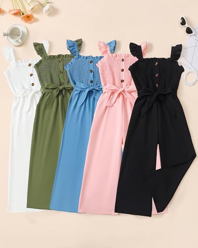 SODLON Girls Jumpsuit Size 7-8 Kids Fashion Preppy Clothes Ruffle Sleeveless Wide Leg Belted One-Piece Romper Smocked Summer Outfits with Pockets Black