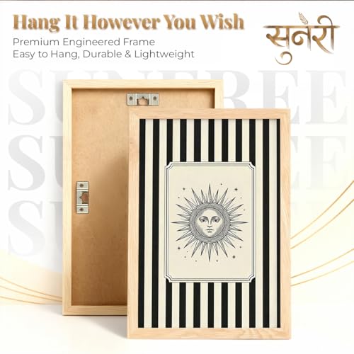 Image of Suneree Celestial Sun and Moon Wall Art Set of 2 Framed Paintings | Black Striped Tarot Style Illustration Poster | Boho Bedroom Living Room Home Decor (Art 7, 10x13 Inches)