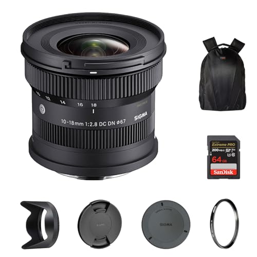 Sigma 10-18mm F2.8 DC DN Contemporary Lens for Sony E | Ultra Wide-Angle Zoom with Tiffen 67mm UV Protector Filter, Waith Camera Backpack and 64GB Extreme PRO UHS-I SDXC Memory Card (Bundle Set)