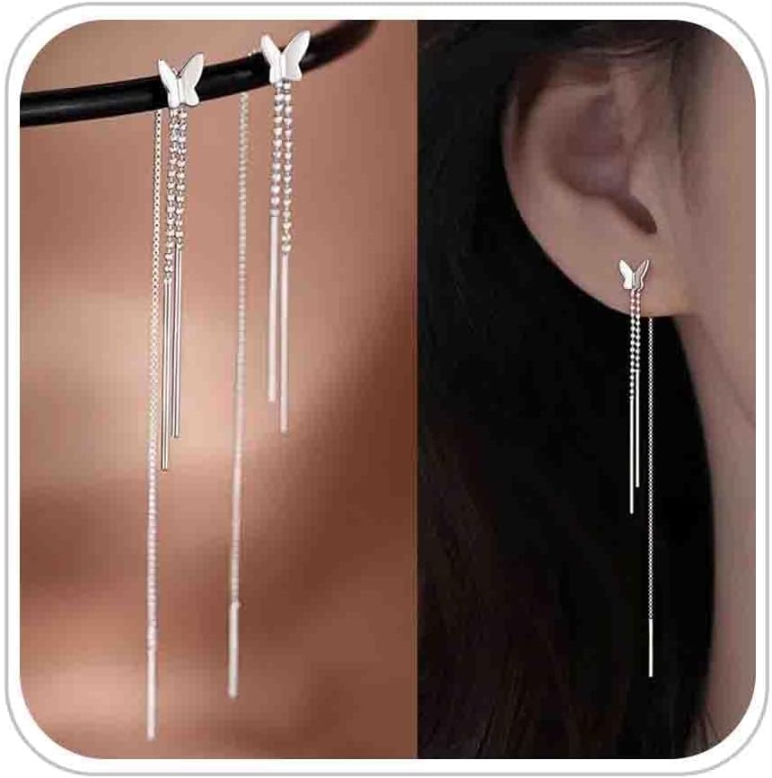 Boho Wedding Tiny Butterfly Threader Earrings Silver Long Chain Tassel Dainty Stud Pull Through Earrings Thread Line Bar Dangle Small Bead Chain Drop Cute Simple Delicate Minimalist Jewelry for Women