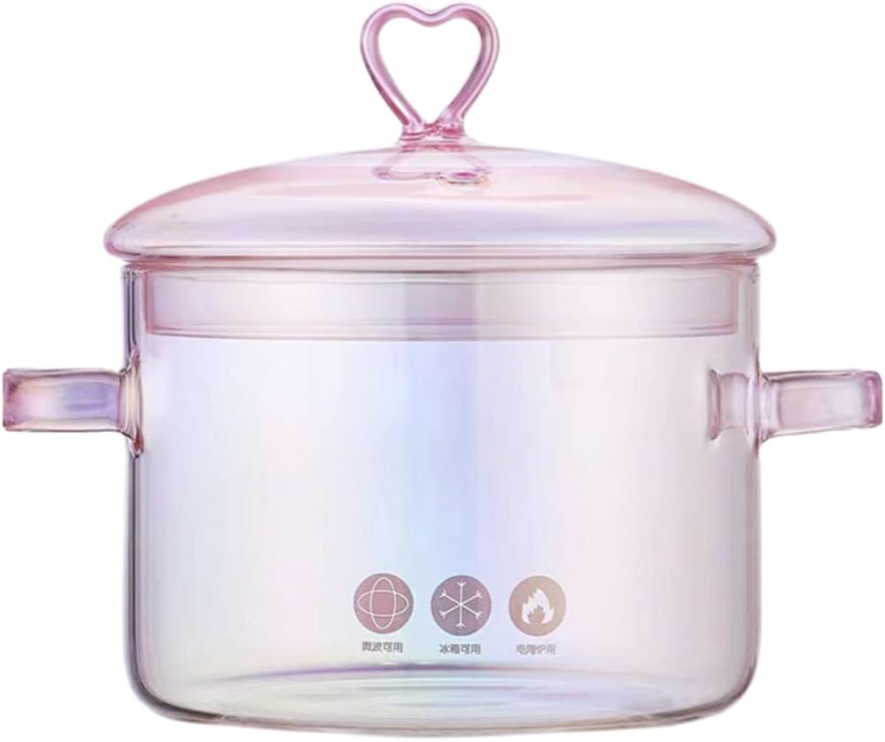 Glass Saucepan Stovetop Milk Butter Warmer Stew Simmer Pot Instant Noodle Cookware with Cover and Dual Handle for Pasta Chocolate Melting Coffee Tea Soup 300ml (Pink One Size)
