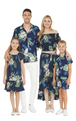 Image of Matchable Family Hawaiian Luau Men Women Girl Boy Clothes in Pineapple Garden Navy