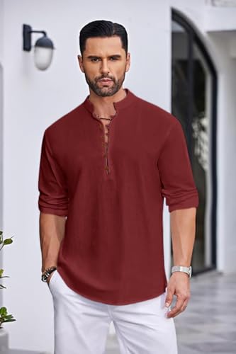 Image of Macsivo Men's Stylish Mandarin Collar Kurta | Casual Ethnic Fusion Shirt for Daily, Party & Travel | Full Sleeves | Cotton Blend Comfort Fit Short Kurta