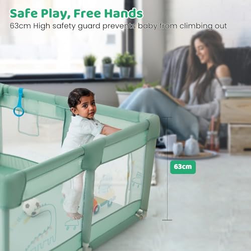Image of Dawnwake 120x120 cm Playpen for Baby up to 3 Years with Safety Lock & Anti-Fall Grasp Rings (No Mat, Non-Foldable) - Green