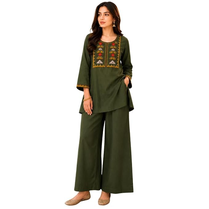 Image of Women's Embroidered Kurta Palazzo Set | Ethnic Co-Ord Set with Printed Design | Casual Traditional Outfit.