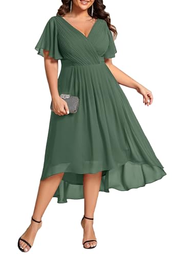 Image of Ever-Pretty Plus Summer Short Sleeves V-Neck Formal Wedding Guest Dresses for Curvy Women Chiffon Midi Cocktail Party Dress
